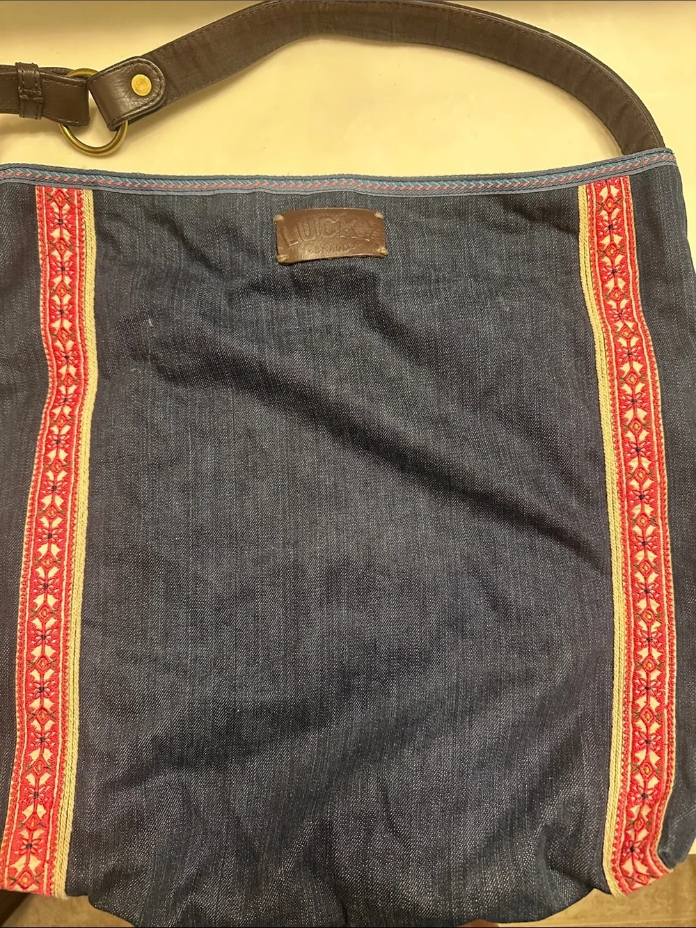 Lucky Brand Navy Canvas Hobo with Pink and Coral Embroidered Floral Panel